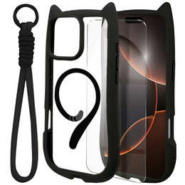 Чехол для iPhone 16 Pro, для MagSafe, Cute Cat, чёрный + стекло для экрана