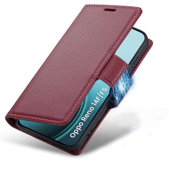 Чехол для Oppo Reno 14 F / 14 FS, ERBORD Glossy Litchi, кошелек с клапаном, красный