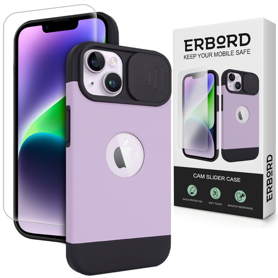 Чохол ERBORD MagSafe Cam Slider, фіолетовий + скло для екрану для iPhone 13 / iPhone 14