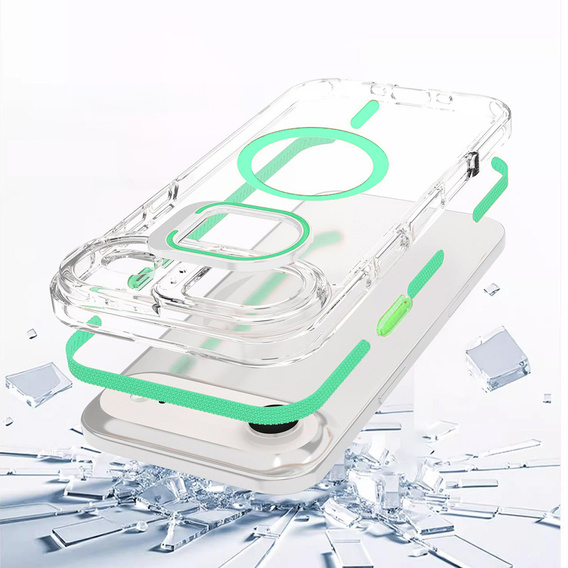 Чехол для iPhone Air, для MagSafe, с подставкой, прозрачный с зелеными вставками