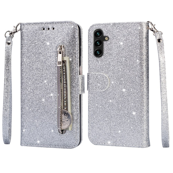Чохол-книжка для Samsung Galaxy A55, Wallet Zipper Pocket Glittery, сріблястий