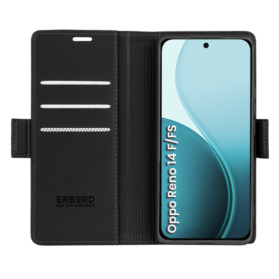 Чехол для Oppo Reno 14 F / 14 FS, ERBORD Glossy Litchi, кошелек с клапаном, чёрный