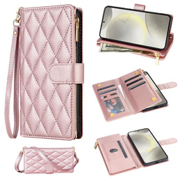 Чохол-сумка для Samsung Galaxy S25 Edge, Rhombus Crossbody Leather, рожевий rose gold