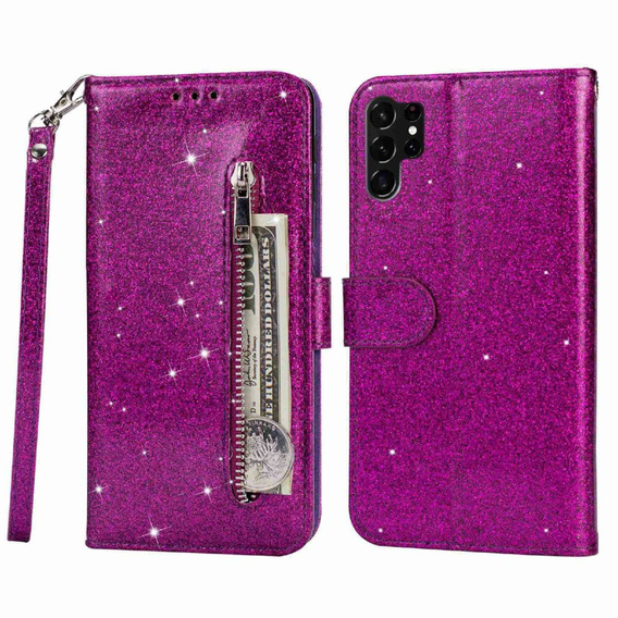 Откидной чехол для Samsung Galaxy S24 Ultra, Wallet Zipper Pocket Glittery, фиолетовый