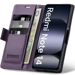 Чехол для Xiaomi Redmi Note 14 5G, ERBORD Glossy Litchi, кошелек с клапаном, фиолетовый