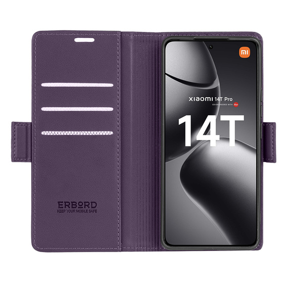 Чохол для Xiaomi 14T Pro, ERBORD Glossy Litchi, гаманець з клапаном, фіолетовий