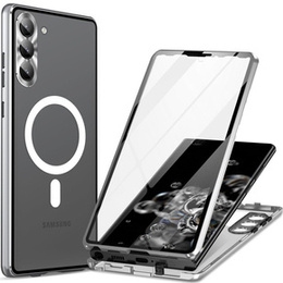 Магнитный чехол с двойным стеклом MagSafe для Samsung Galaxy S23+ Plus, серебряный