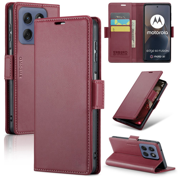 Чохол для Motorola Edge 60 / 60 Fusion, ERBORD Glossy Litchi, гаманець з клапаном, червоний