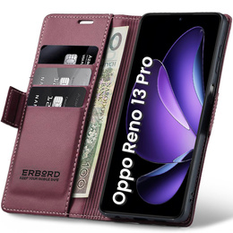 Чохол для Oppo Reno 13 Pro, ERBORD Glossy Litchi, гаманець з клапаном, червоний
