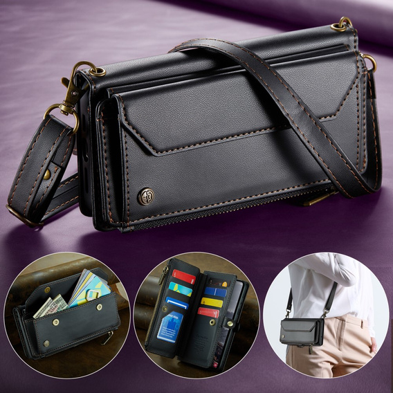 Чехол CASEME для Samsung Galaxy S24 FE, RFID Leather Wallet, с плечевым ремнем, чёрный