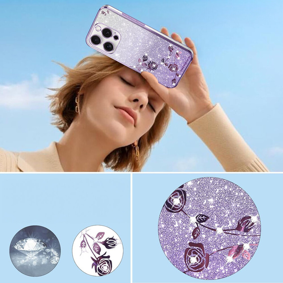 Чехол для iPhone 16 Pro Max, Glitter Flower, фиолетовый