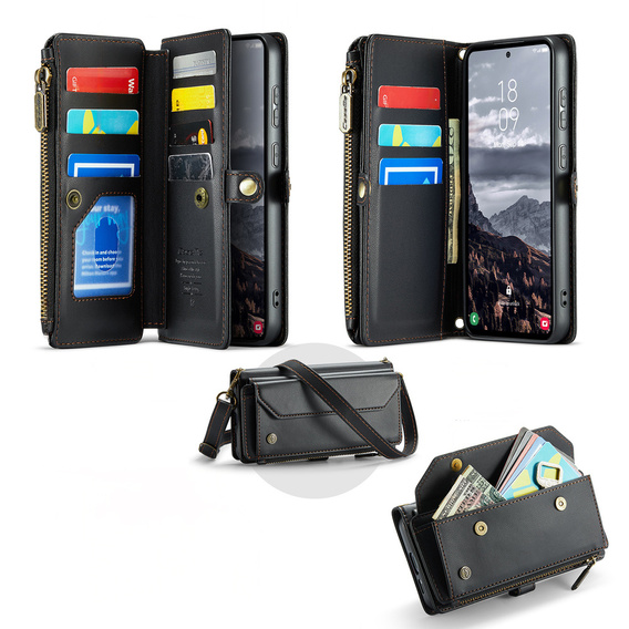 Чехол CASEME для Samsung Galaxy S25 FE, RFID Leather Wallet, с плечевым ремнем, чёрный