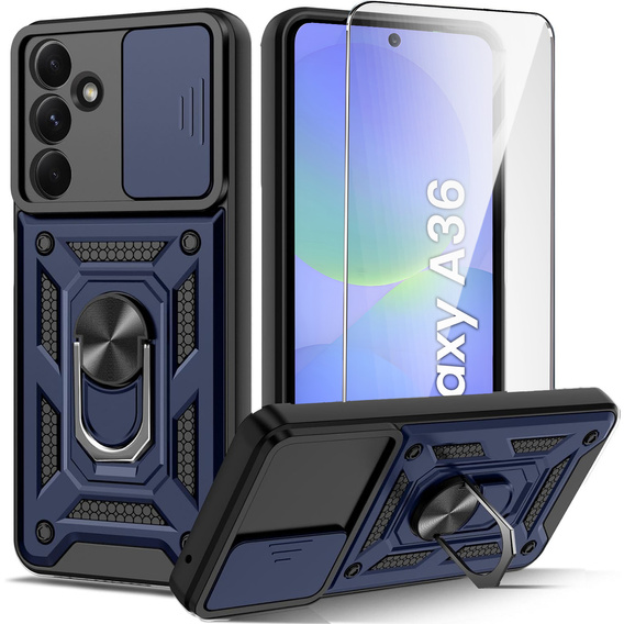Бронированный чехол для Samsung Galaxy A36, CamShield Slide, синий + закаленное стекло 9H