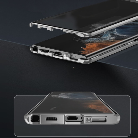 Магнитный чехол с двойным стеклом MagSafe для Samsung Galaxy S24 Ultra, серебряный