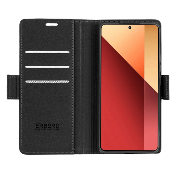 Чохол для Xiaomi Redmi Note 13 Pro 4G / Xiaomi Redmi Note 14S / Xiaomi Poco M6 Pro 4G, ERBORD Glossy Litchi, гаманець з клапаном, чорний