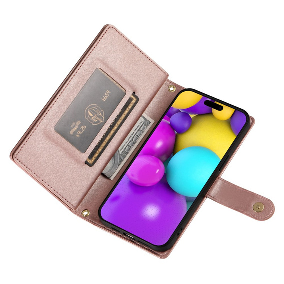 Откидной чехол для iPhone 16 Plus, Wallet Zipper Pocket, розовый