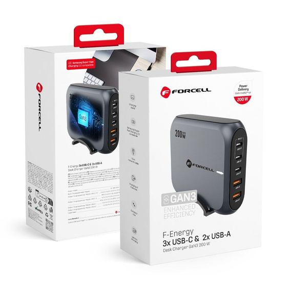 FORCELL Настольное зарядное устройство 3x USB Type-C 2x USB-A 200W 5A GaN PD QC4.0, серый