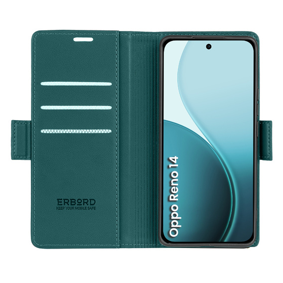 Чехол для Oppo Reno 14, ERBORD Glossy Litchi, кошелек с клапаном, зелёный