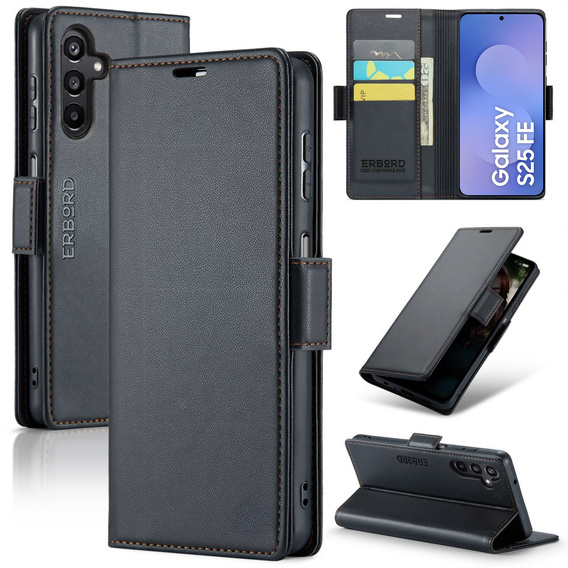 Чехол для Samsung Galaxy S25 FE, ERBORD Glossy Litchi, кошелек с клапаном, чёрный