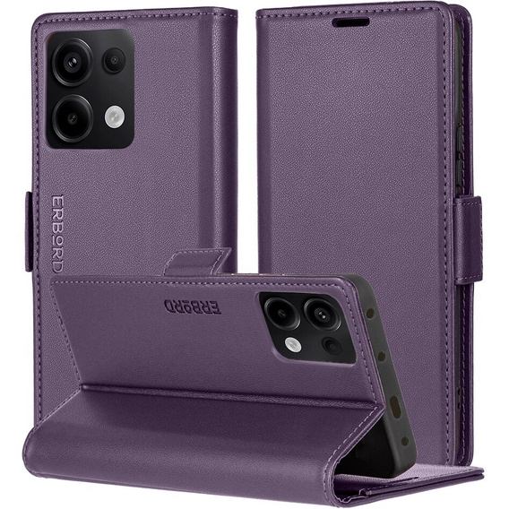 Чохол для Xiaomi Redmi Note 13 Pro 4G / Xiaomi Redmi Note 14S / Xiaomi Poco M6 Pro 4G, ERBORD Glossy Litchi, гаманець з клапаном, фіолетовий