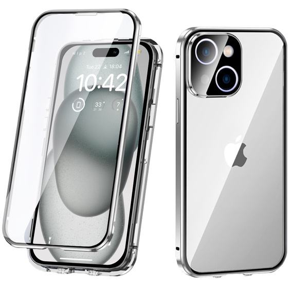 Чехол для iPhone 15 Plus, Magnetic Dual Glass, серебряный
