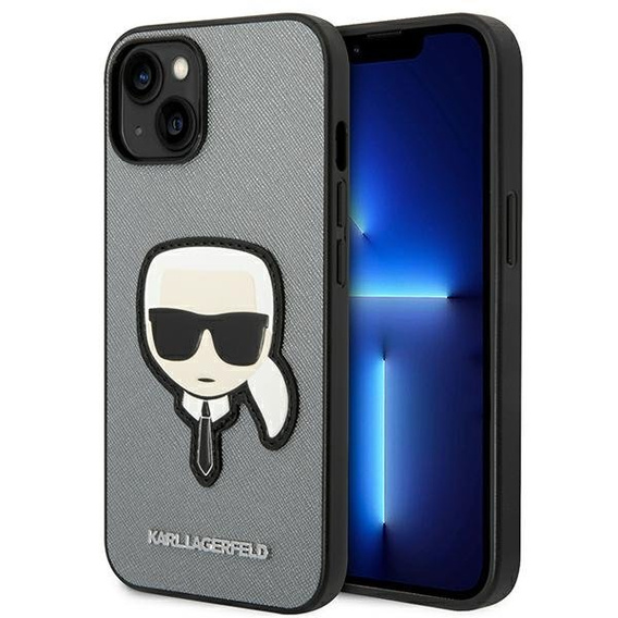 Чoхол Karl Lagerfeld до iPhone 14, Saffiano Karl's Head Patch, сріблястий