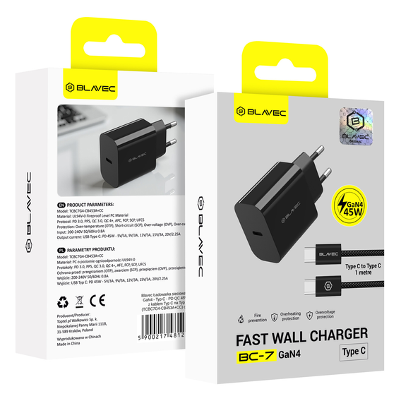 Мережевий зарядний пристрій Blavec GaN4 45W USB-C PD/QC з кабелем USB-C - USB-C для пристроїв з USB-C: смартфонів, планшетів і легких ноутбуків