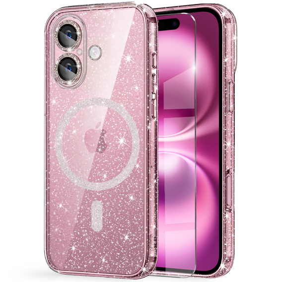 Чехол для iPhone 16, ERBORD Glitter MagSafe, розовый + стекло для экрана