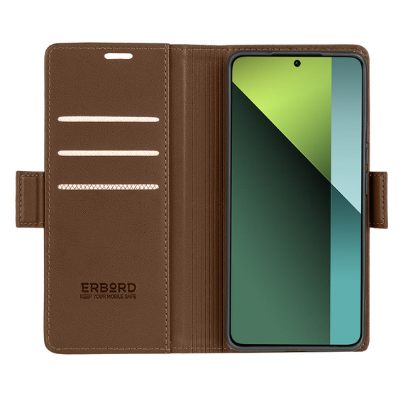 Чохол для Xiaomi Redmi Note 13 Pro 5G, ERBORD Glossy Litchi, гаманець з клапаном, коричневий