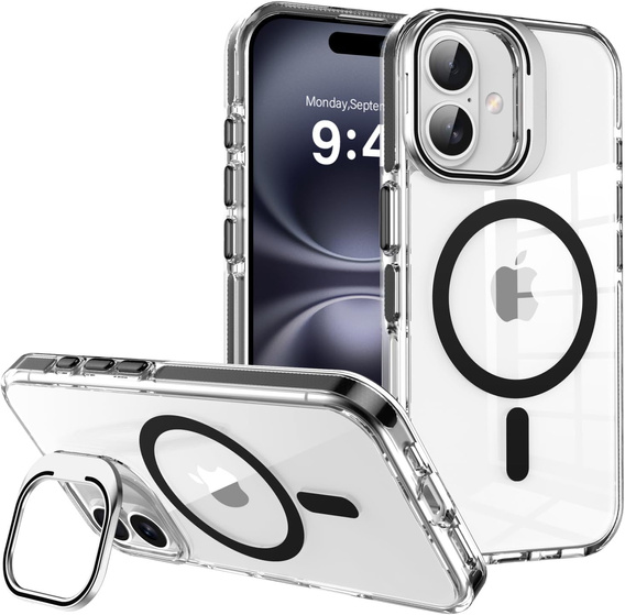 Чохол для iPhone 17, для MagSafe, з підставкою, прозорий з чорними вставками