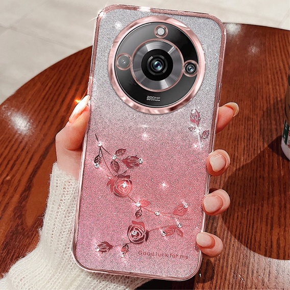 Чохол для Realme 11 Pro 5G / Pro+ 5G, Glitter Flower, рожевий rose gold