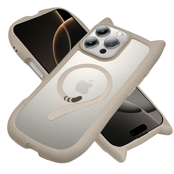 Чехол для iPhone 16 Pro, для MagSafe, Cute Cat, серый + стекло для экрана