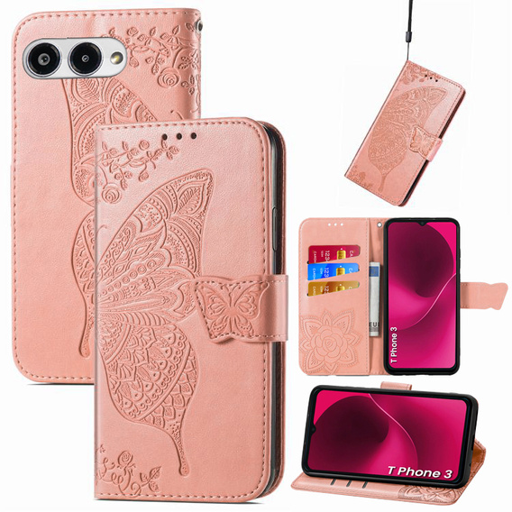 Чохол-книжка для T Phone 3 5G, Butterfly, рожевий rose gold