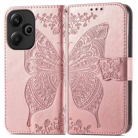 Откидной чехол для Xiaomi Poco F6, Butterfly, розовый rose gold