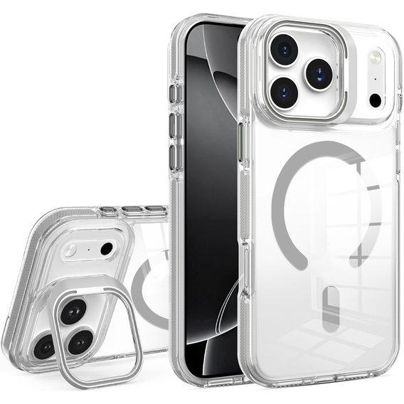 Чехол для iPhone 17 Pro, для MagSafe, с подставкой, прозрачный с серыми вставками
