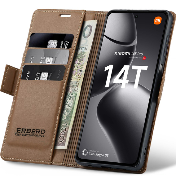 Чохол для Xiaomi 14T Pro, ERBORD Glossy Litchi, гаманець з клапаном, коричневий