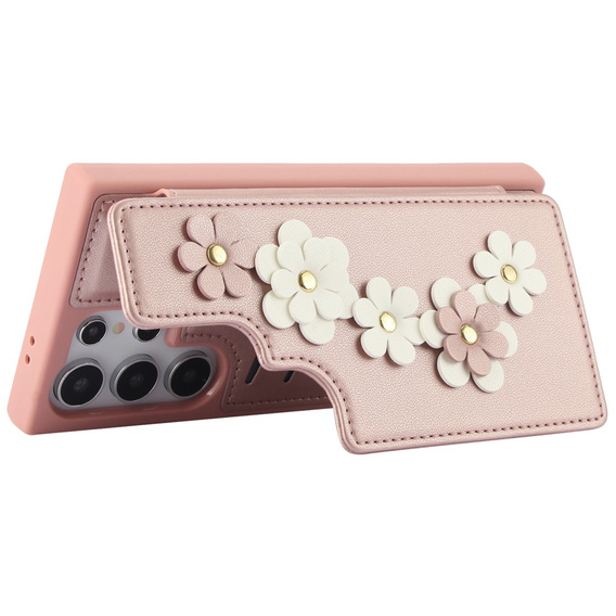 Чохол для Samsung Galaxy S24 Ultra, Leather Flower Card Slot, рожевий