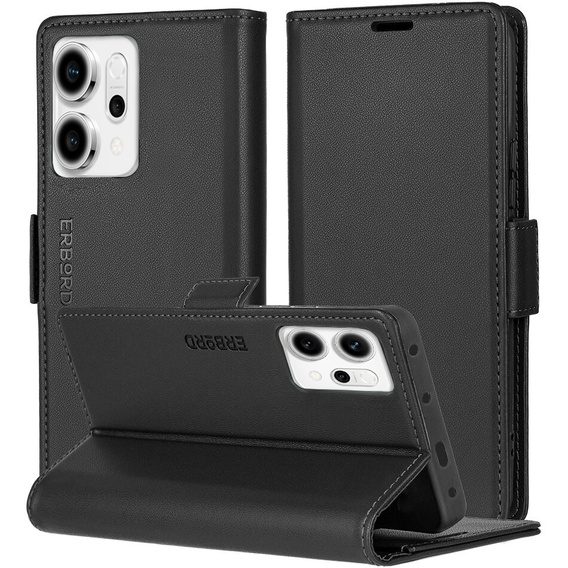Чохол для Oppo Reno 14, ERBORD Glossy Litchi, гаманець з клапаном, чорний