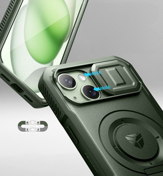 Бронированный чехол для iPhone 15, Dexnor CamProtect MagSafe, зелёный (Две рамки)