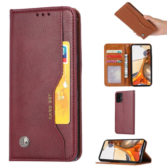  Чехол Wallet до Xiaomi 11T / 11T Pro, Outer Card Slot, Wine Red
