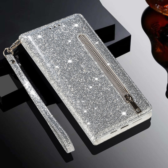 Откидной чехол для Samsung Galaxy A36 5G, Wallet Zipper Pocket Glittery, серебряный