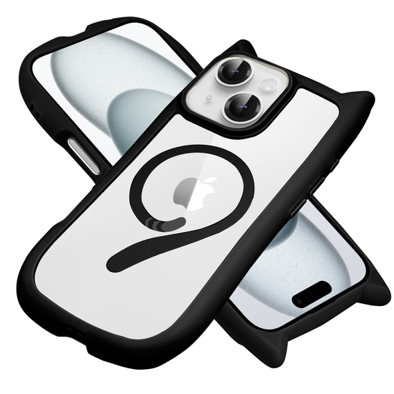 Чехол для iPhone 15, для MagSafe, Cute Cat, чёрный + стекло для экрана