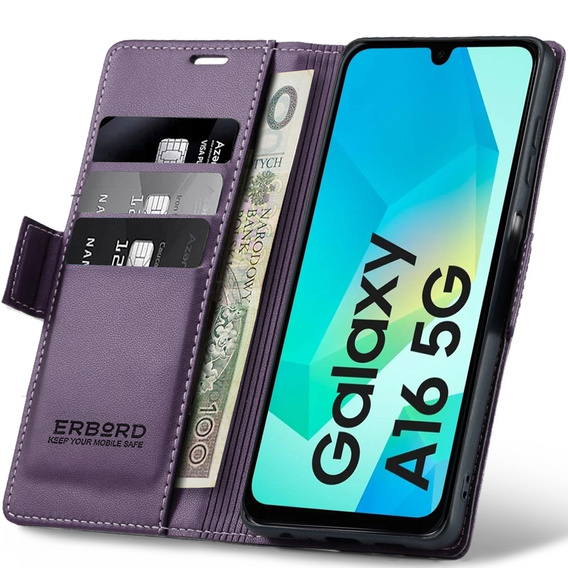 Чехол для Samsung Galaxy A16, ERBORD Glossy Litchi, кошелек с клапаном, фиолетовый