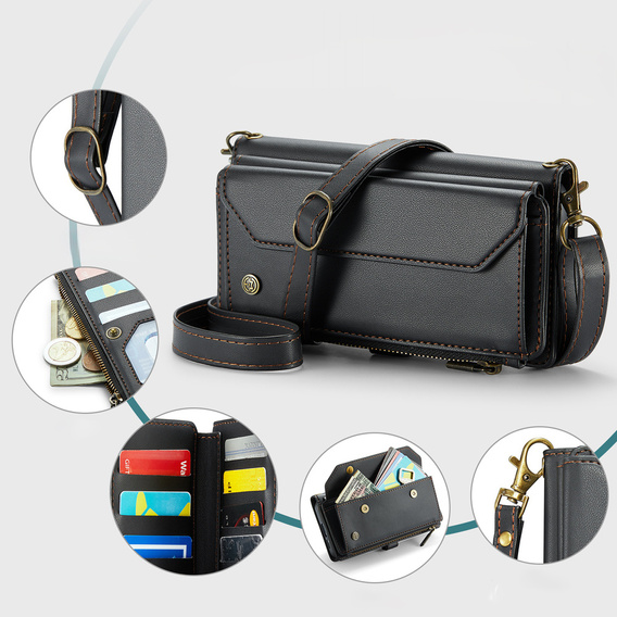 Чехол CASEME для Samsung Galaxy S25 FE, RFID Leather Wallet, с плечевым ремнем, чёрный