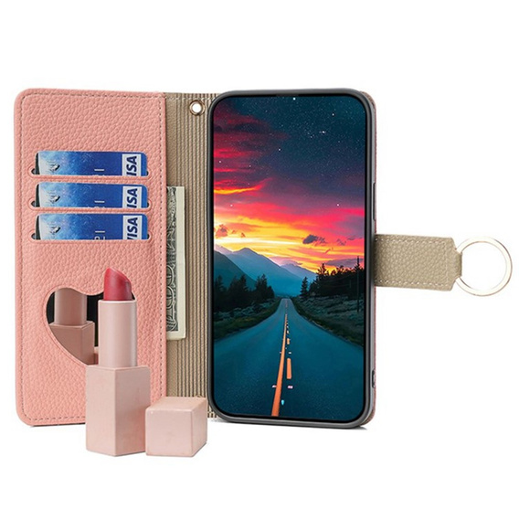 Флип-кейс для Samsung Galaxy A56 5G, Wallet Zipper Pocket, с зеркалом, розовый