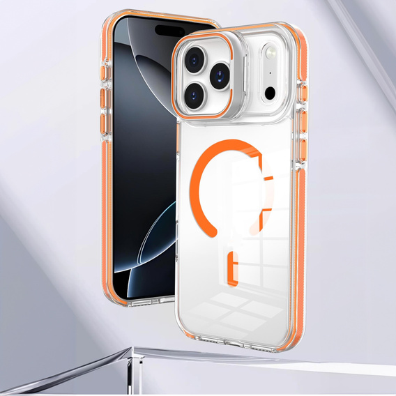 Чехол для iPhone 17 Pro, для MagSafe, с подставкой, прозрачный с оранжевыми вставками