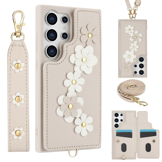 Чехол для Samsung Galaxy S24 Ultra, Leather Flower Card Slot, бежевый