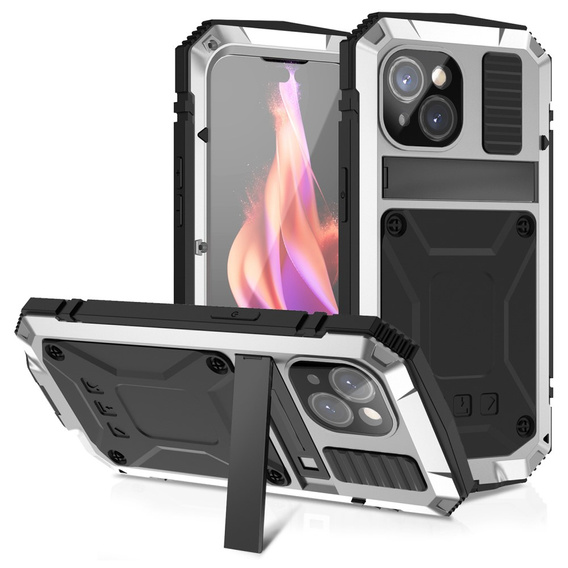 Чехол для iPhone 15, R-JUST, бронированный, серебряный / черный