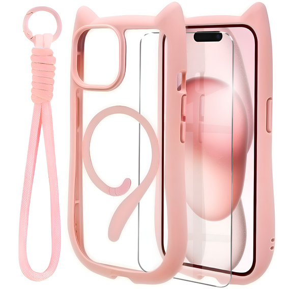 Чохол для iPhone 13 / iPhone 14, для MagSafe, Cute Cat, рожевий + захисне скло