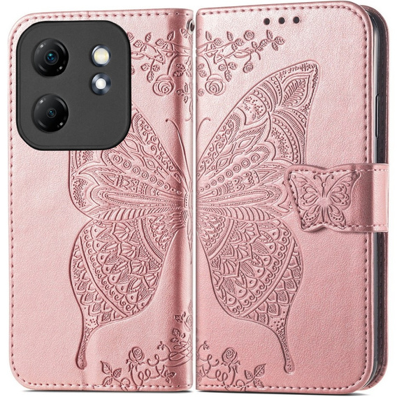 Откидной чехол для Infinix Hot 50i 4G, Butterfly, розовый rose gold